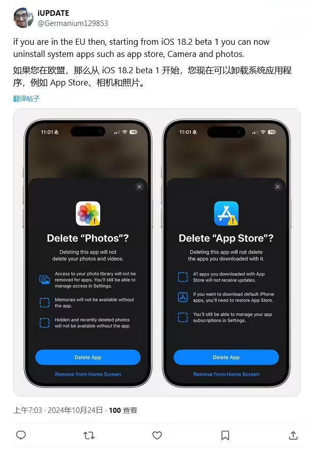 阳明苹果手机维修分享iOS 18.2 支持删除 App Store 应用商店 